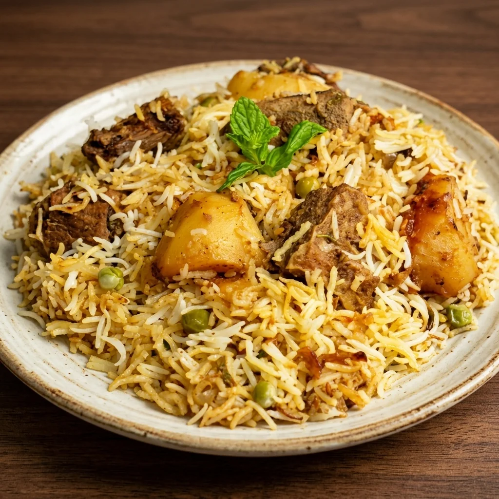 Biryani from The Flames Indian Cuisine, a Indian restaurant in Hamilton - fragrant basmati rice with tender meat, potato and mint