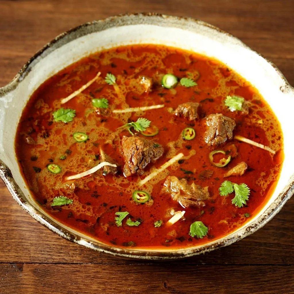 Nihari at The Flames Indian Cuisine Hamilton - slow-cooked beef in a rich, spiced gravy with ginger, green chilli and coriander