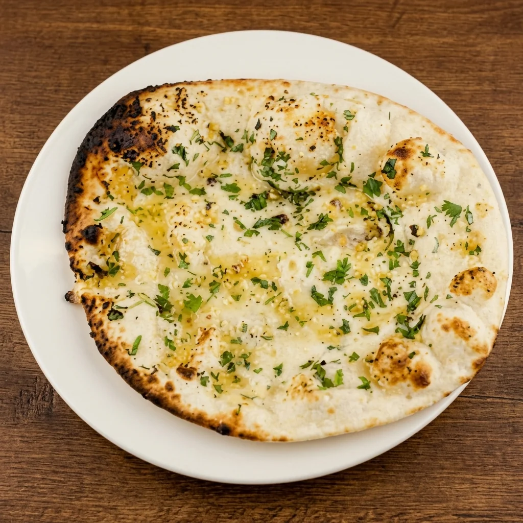 Garlic naan from a Indian restaurant in Hamilton - clay-oven naan brushed with garlic butter and coriander